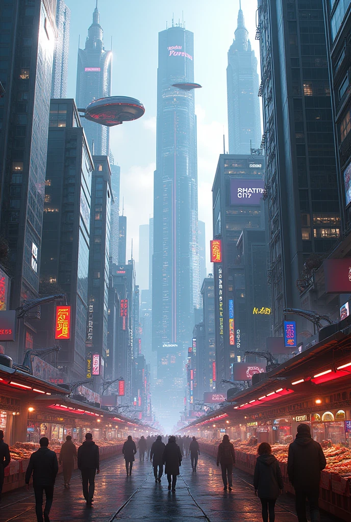 Futuristic Cityscape**: A sprawling metropolis in the year 2150, with sleek skyscrapers made of glass and metal, flying cars zooming between buildings, and a vibrant market filled with neon signs and holograms.