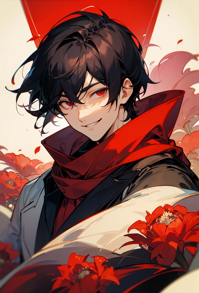 Black hair man, red eyes, red scarf, smiling, handsome, in beautiful flowers, vintage shirt, handsome