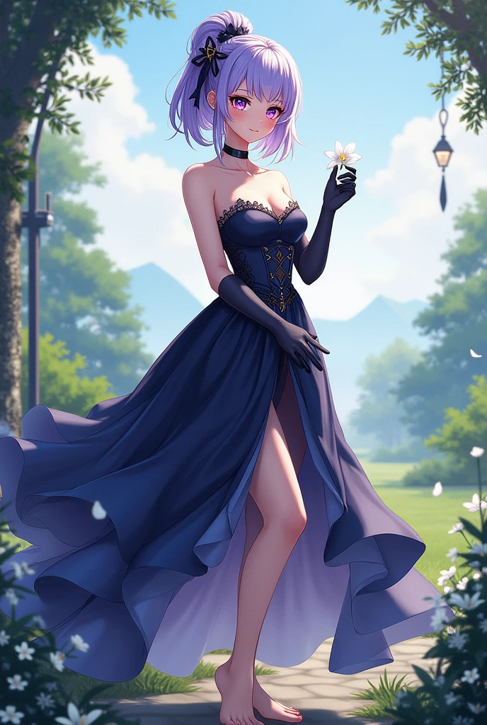 masterpiece, Highest quality, Highly detailed 8K wallpapers, One girl, Outdoor, Helena(Azur Lane),strapless dress, dress, layered dress,White flower, hair ornaments, Purple eyes, (choker), overview, (Black gloves), barefoot,
