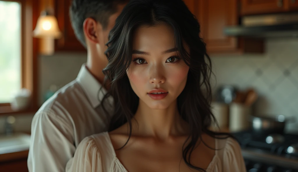 Pretty japanese woman, she has very beautiful long hair, a seductive gaze,she is in the kitchen meeting a 50 year old western man, detailded, photoshot_\( ultra\), photoshotrealisitic, realisitic, Post-processing, Maximum details, roughness, real-life, ultrarealisitic, photoshotrealism, photoshotgraphy, 8k hd, photoshotgraphy