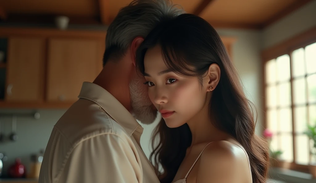 Pretty japanese woman, she has very beautiful long hair, a seductive gaze,she is in the kitchen meeting a 50 year old western man, detailded, photoshot_\( ultra\), photoshotrealisitic, realisitic, Post-processing, Maximum details, roughness, real-life, ultrarealisitic, photoshotrealism, photoshotgraphy, 8k hd, photoshotgraphy