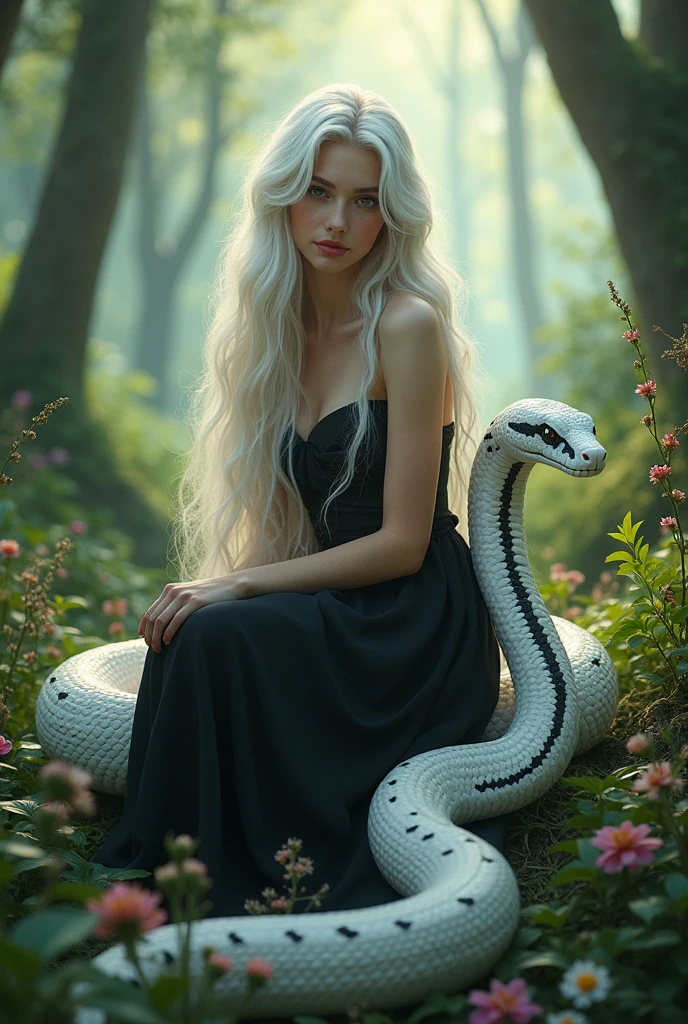 Create a hyperrealistic, charming image of a beautiful young woman (to look forward) with long, flowing white hair, wearing an elegant, black dress adorned with flowers. She sits gracefully in a mystical forest, hands leaning back, surrounded by magic, serene atmosphere. next to her, a majestic white snake with vibrant black sits attentively, looking at her. The forest is full of lush vegetation, flowers blooming, and soft, ethereal light filtered through the trees, creating a dreamy, fairytale setting. The woman's gentle expression and the snake's calm demeanor contribute to the scene's enchanting mood..