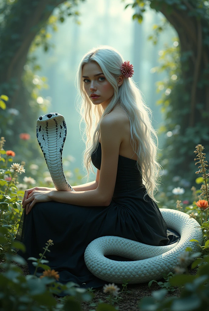 Create a hyperrealistic, charming image of a beautiful young woman (to look forward) with long, flowing white hair, wearing an elegant, black dress adorned with flowers. She sits gracefully in a mystical forest, hands leaning back, surrounded by magic, serene atmosphere. next to her, a majestic white snake with vibrant black sits attentively, looking at her. The forest is full of lush vegetation, flowers blooming, and soft, ethereal light filtered through the trees, creating a dreamy, fairytale setting. The woman's gentle expression and the snake's calm demeanor contribute to the scene's enchanting mood..