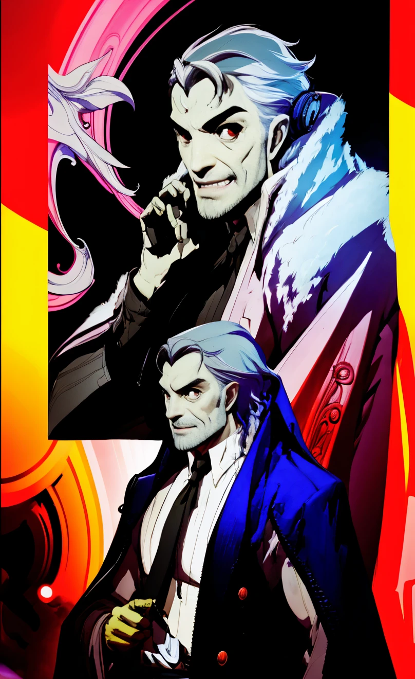 1man, vampire, handsome, pale grey skin, prominent muscular body, seems longer fangs, smile, shining red eyes, Art Nouveau Style, wearing Nouveau Suitcoat paired in Psychedelic shoulders robe and covered up, nouveau-psychedelic background, hd, high quality, realistic-style, ultra-realistic, hyperrealistic, closer distance face, closer distance head, his distance pressing against me, 8k resolution