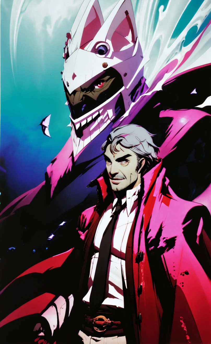 1man, vampire, handsome, pale grey skin, prominent muscular body, seems longer fangs, smile, shining red eyes, Art Nouveau Style, wearing Nouveau Suitcoat paired in Psychedelic shoulders robe and covered up, nouveau-psychedelic background, hd, high quality, realistic-style, ultra-realistic, hyperrealistic, closer distance face, closer distance head, his distance pressing against me, 8k resolution