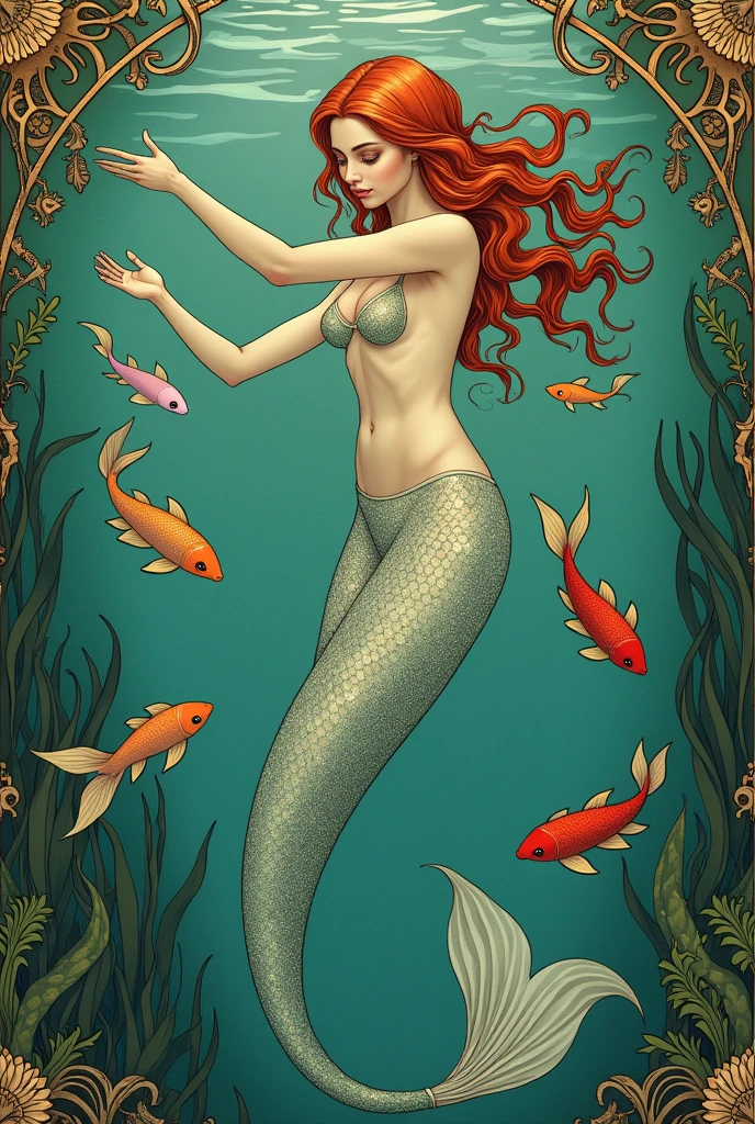 ALPHONSE MUCHA STYLE mermaid and fish in the pool