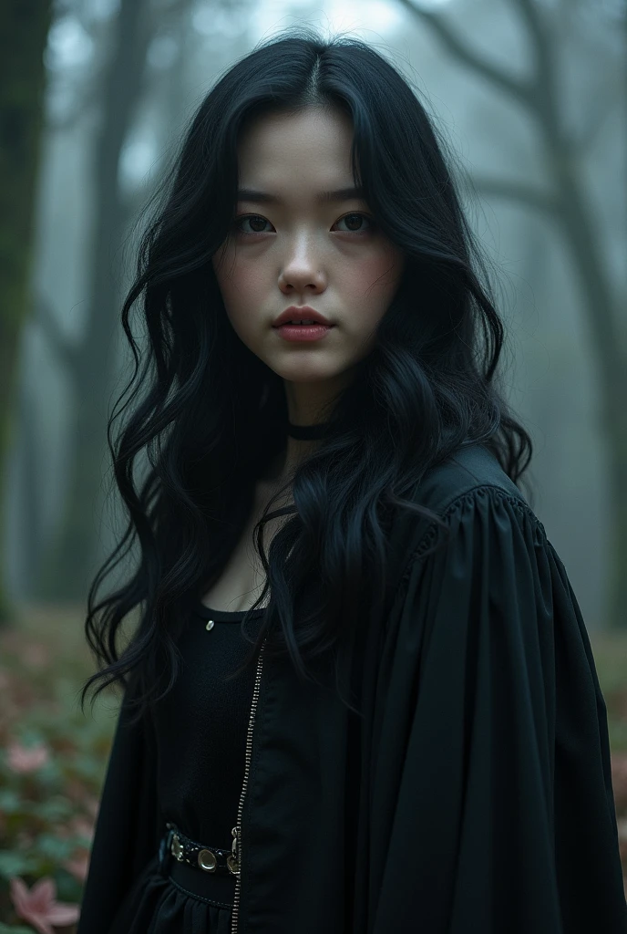 Young girl of 24 with black wavy hair , big and short, light skin with the powers of raven and klaus