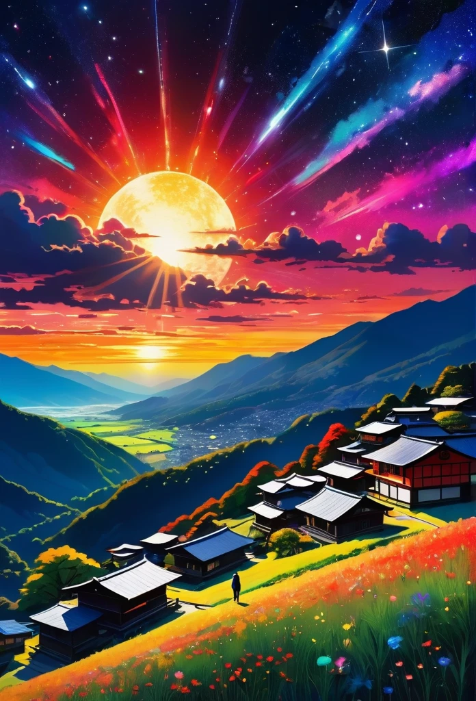 Full body illustration, One person, Anaにmically correct, Colorful watercolor style, chromatic aberration, A village deep in the mountains of Japan, Dark Theme,Magnificent nebulae breathtaking vibrant colors thereal interstellar other curiosity birth evolution star sun super star_wide々Clear Sky Sunshine Panorama Ultra Sunset Sunrise (((Highest quality、Ultra-high precision、Ultra-High resolution、head'artwork)))、Low Angle, Below or Other, headかその他足まで, Are standing, Japanese Yokai, Ghost, Random Hairstyles, The tatにo emits a bluish white light, A dignified expression, Red eyes, beauty, Healthy muscles, barefoot, Wearing a kimono with frayed hems., Dirty, Poor upbringing, Wearing a kimono over chain mail., apron, Abandoned rural village, evening, particle, chromatic aberration, Cinematic, Dark Scene, High resolution,Wearing an old kimono, Healthy muscles, best details beautiful face, Redhead, Red eyes, barefoot, wear Kimono ,Open up the chest area a little, Princess Epic Bright Eyes "luminous dress" hope、Friendship with friends'weapons、Grand ambitions of domination、Great Adventure、Break between battles、Like a lion'Eyes、Sharp Eye、Smiling mouth、danger、Powerful、fort、satiety、Practice, Thick neck、wideい肩、Color of the evening sky'rainbow、Fantasy Space、Hair blowing in the wind、Armed',Swirling Shadow Road Equidistant Street Unreal Engine 5 Ultra Masterpiece Movie_Ultra Pro Sunlight_Ultra-optimized phoにrealistic_OpenGその他-Shaders Ultra_super high quality_High-precision reflective lighting volume perfect ultra_High resolution強化オクターン_Made by Ultra_high-definition UHD XT3 DSその他R HDR 3dcg analog ecstatic symmetrical dazzling Will-o'-The-Wisp Global Luminescence Plasma Focus Incandescent Reflection々Mulch, etc... --v 6 --s 1000 --c 20 --q 20 --chaos 100