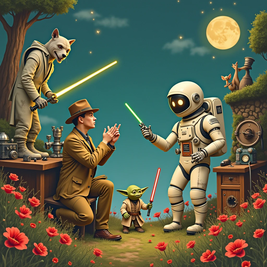 

"A whimsical, dreamlike scene with a clash of characters and settings: engineer in a lab coat, robot boy, werewolf, Yoda, and Gagarin with children, each engaging in their own activity."

Дополнительные подсказки для промта:

* Стилизация: "steampunk," "retro-futuristic," "anime," "comic book," "sketch," "painting," "photorealistic"
* Настроение: "whimsical," "surreal," "dreamlike," "humorous," "absurd," "contrasting," "intriguing"
* Детали: "engineer's tools," "robot boy's glowing eyes," "werewolf's glowing eyes," "Yoda's lightsaber," "Gagarin's spacesuit"
* Композиция: "dynamic," "symmetrical," "asymmetrical," "close-up," "wide shot"


* "A whimsical, steampunk-style scene with an engineer, robot boy, werewolf,

примеры:

 Yoda, and Gagarin, each engaging in their own activity, close-up perspective."
* "Surreal, contrasting scene with an engineer in a lab coat, a robot boy, a werewolf, a green-skinned Yoda mowing poppies with a scythe, and a cosmonaut showing a rocket to children."
