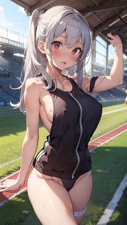 mastute piece,Best Quality,insanely detailed,8k cg,nsfw,
(shoot upper body:1.3),
(1girls:1.3),standing,looking at viewr,body in front,((both arms behind back:1.4)),(runner uniform:1.3),(((bare breasts:1.4))),break,
blush,shy,(ecstasy face),(trembling:1.2),break,(light silver hair:1.2),
break,
perfect breasts,perfect teats,(open mouth:0.9),(large breasts:1.3),
(track field:1.1),