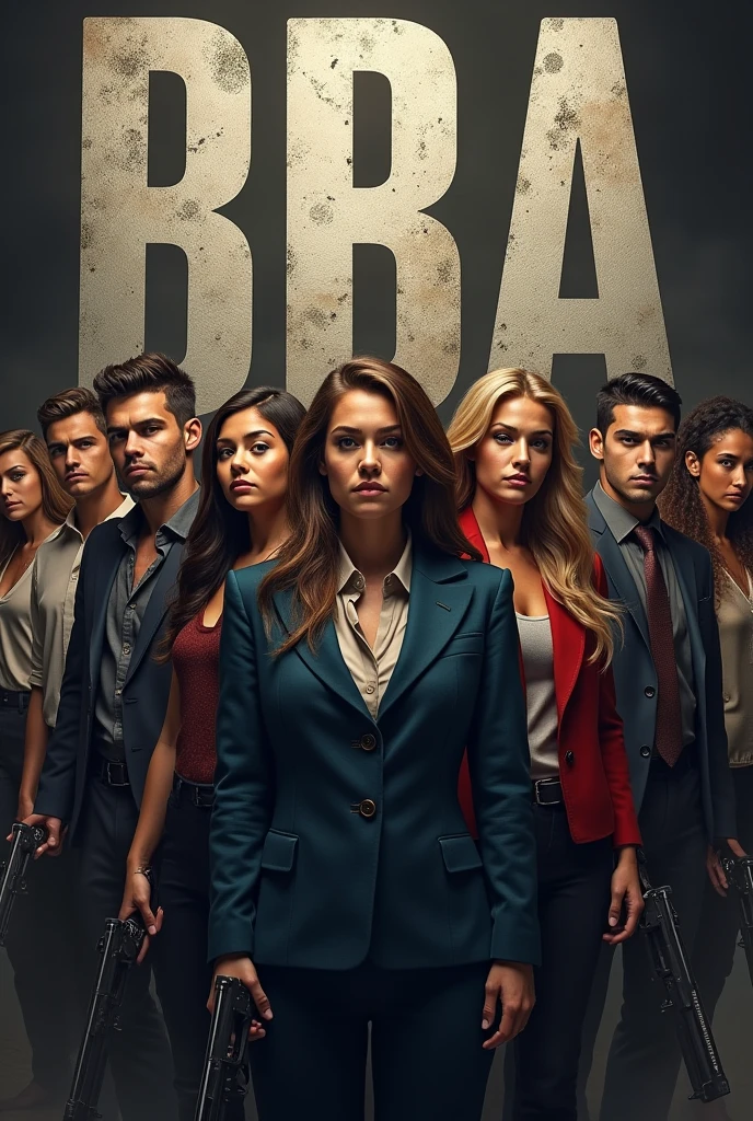 We are students of BBA and want to create a do for our social media group. So create a pic in which a army or gang or group of boys and girls are standing holding guns or rods and BBA is written behind them in big letters. All people must be looking dangerous in photo.