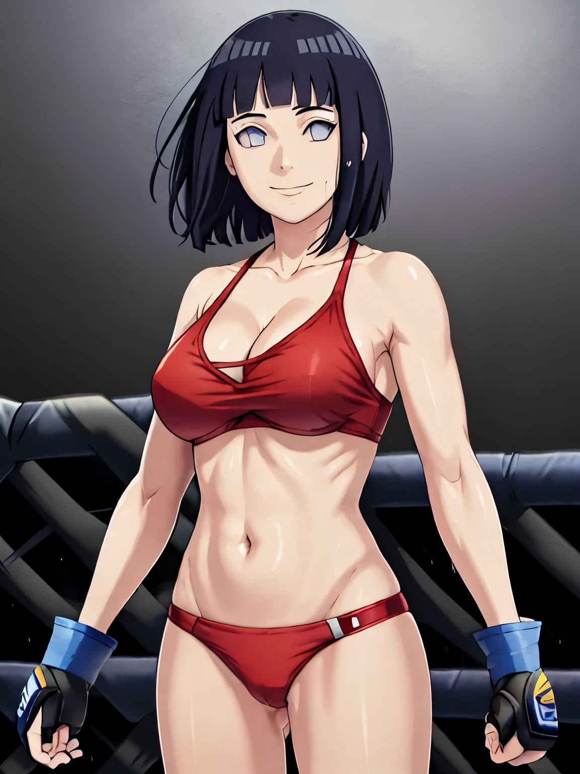 (hinata\(boruto\), (high quality:1.8), upper body:1.5, (curvy figure:1.5), (detailed sweat:1.2), ((blue gloves:1.8)), (fingerless gloves:1.8), (short gloves:1.5), (ultra detailed body:1.4), (one ARM UP:1.4), (MMA:1.7), (anime, tall woman, cowboy shot, (defined biceps arms:1.2), ((blue thong, bare arms, bare arms, bare shoulders)), (long belly:1.5), (bikini:1.1), (wide shoulders, off-shoulders), smile), ((big breasts:1.0)), closed mouth), ((pale skin)). ((dark blue:1.3, short hair, hime cut، loose hair, floating hair, floating hair:1.0), (closed fists)