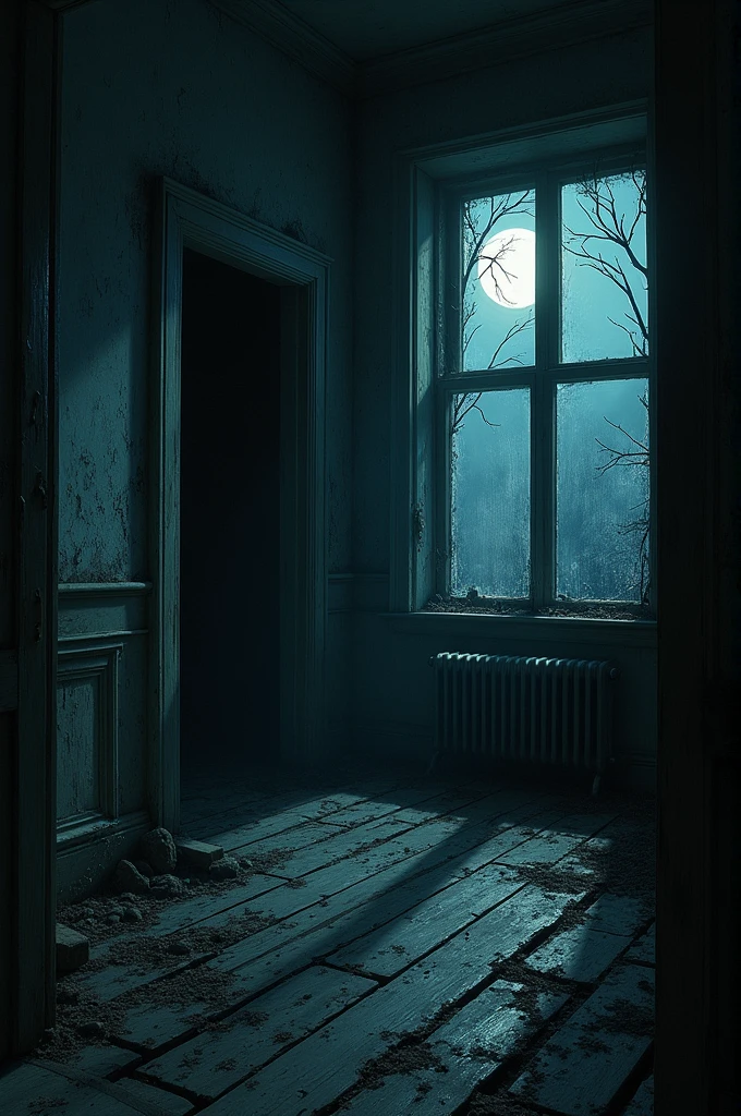 Create a dark, eerie scene inside an old, abandoned house at night.