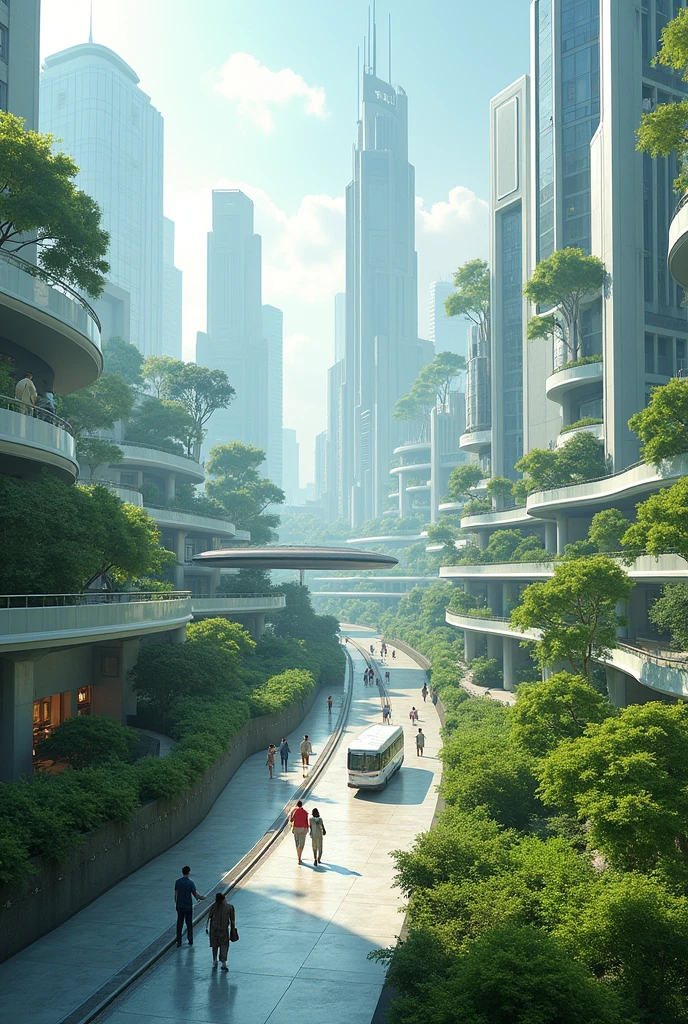 Gerenerate a digital art with a society with advance technology and eco-friendly cityscape