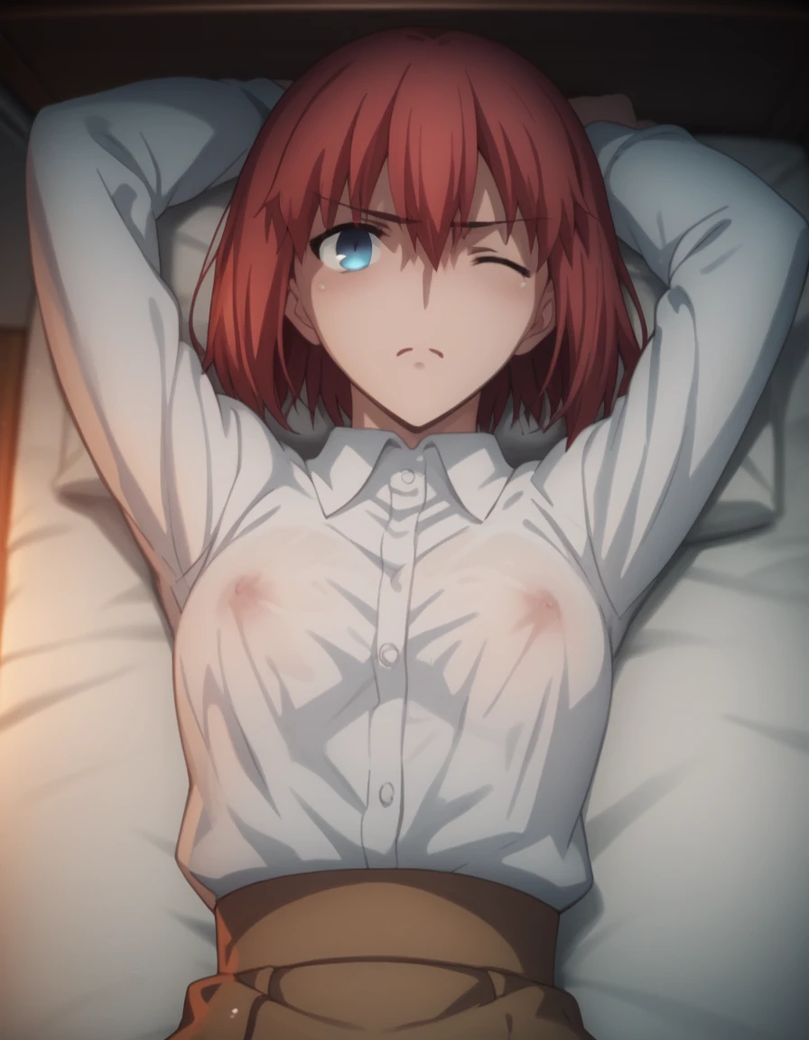 sauce_anime, ambient light,
1 girl , tall girl,, straight hair ,bob cut hair, red hair, deep blue eyes, hair between eyes, perfect eyes ,wince ,frown, Perfect face, expressive eyes,
(show off breast), (undress open white dress shirt),arms up,, detailed nipples, white panties, wet body, tearful, cry,  
indoors, bed, realistic bed room, (missionary position),virginal sex, , lesbian sex, blush, (steam),
cowboy shot, looking at viewer, solo, dutch angle, small breast, pussy juice, open mouth, saliva ,