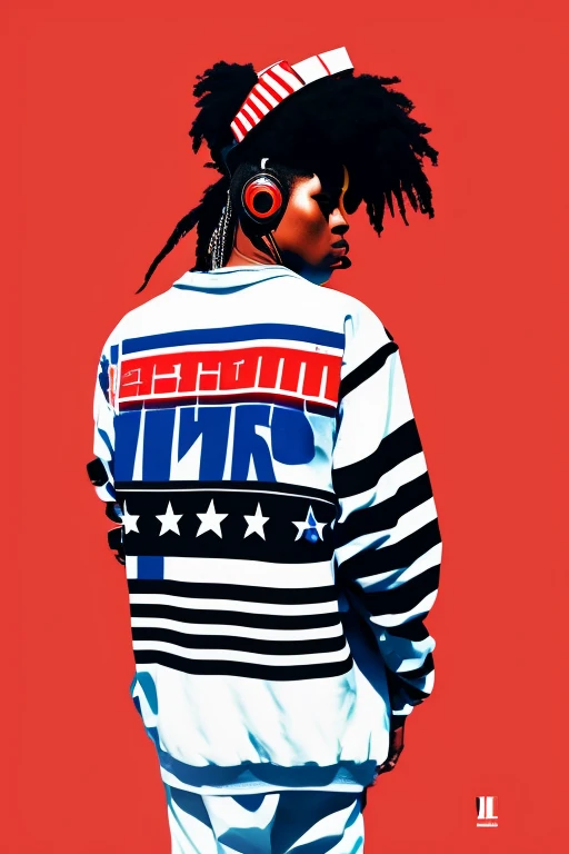 A background filled with Japanese flag in various sizes and colors、

Creative logo illustration of a silhouette with dreadlocks and red headphones, 
Banksy、
A background completely filled with scattered musical notes in various sizes and colors, covering the entire screen.
singer、microphone、Japanese、

beautiful girl colorful image

Dance hiphop Dance CREW  Waacking Dance

Punking 

black medium hair black medium hair 

Five fingers Baggy clothes Baggy clothes
HIPHOP crew、

the Japanese flag, background,patriotic,minimal,simple,bold colors,graphic,flat design,clean