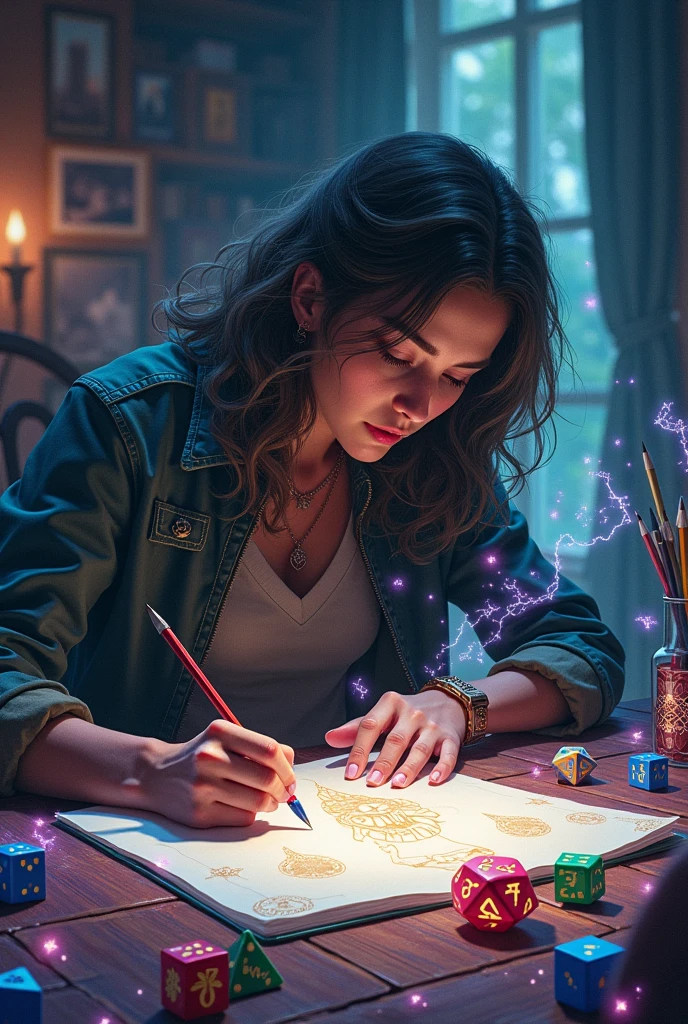 Person drawing an RPG character with dice on the table with magic separating the real from the fictional