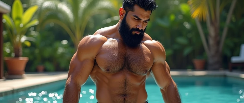 A realistic illustration of a Indian hunk man with beard nude have big ass and he is rubbing his ass in a poolside he have biggest bulge in the world