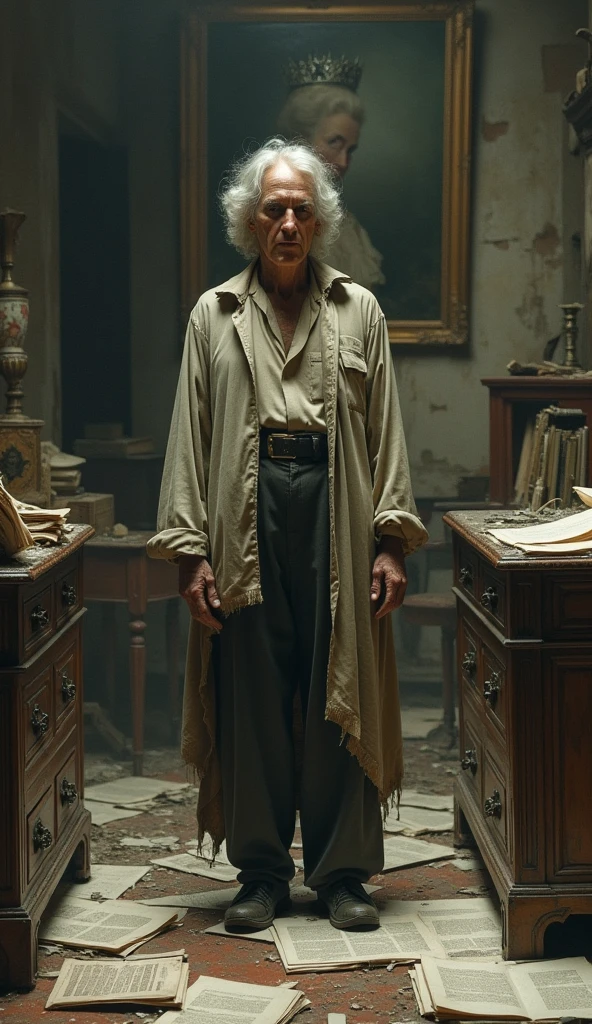An older, disheveled Dee in a ruined study, papers scattered everywhere, and a faded portrait of the Queen