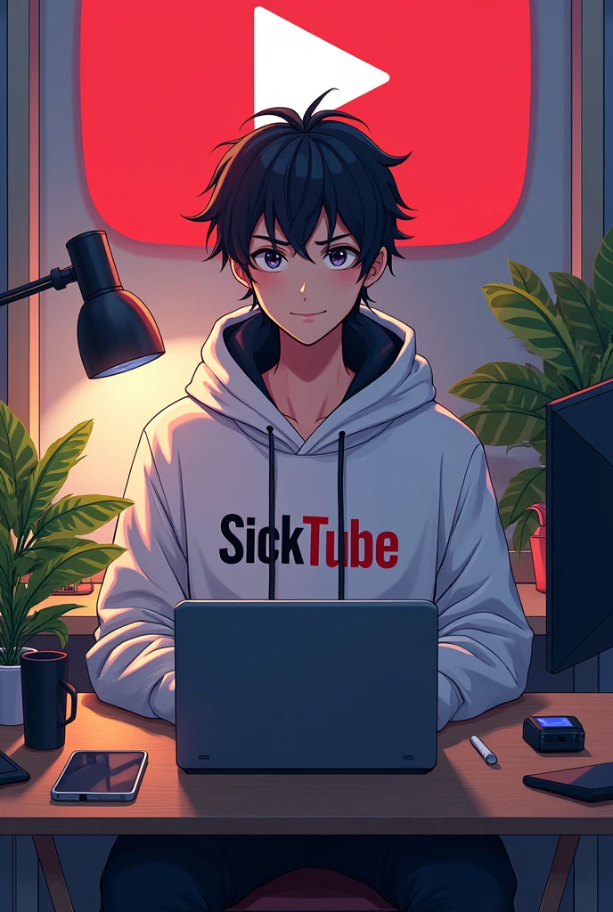 Create a image of "A 17 years anime boy sitting in front of a computer desk with a microphone and laptop, wearing white and black hoodie with the Channel Name on it "SICKTUBE". The background includes a large YouTube logo on the wall, potted plants on either side, and various recording equipment."