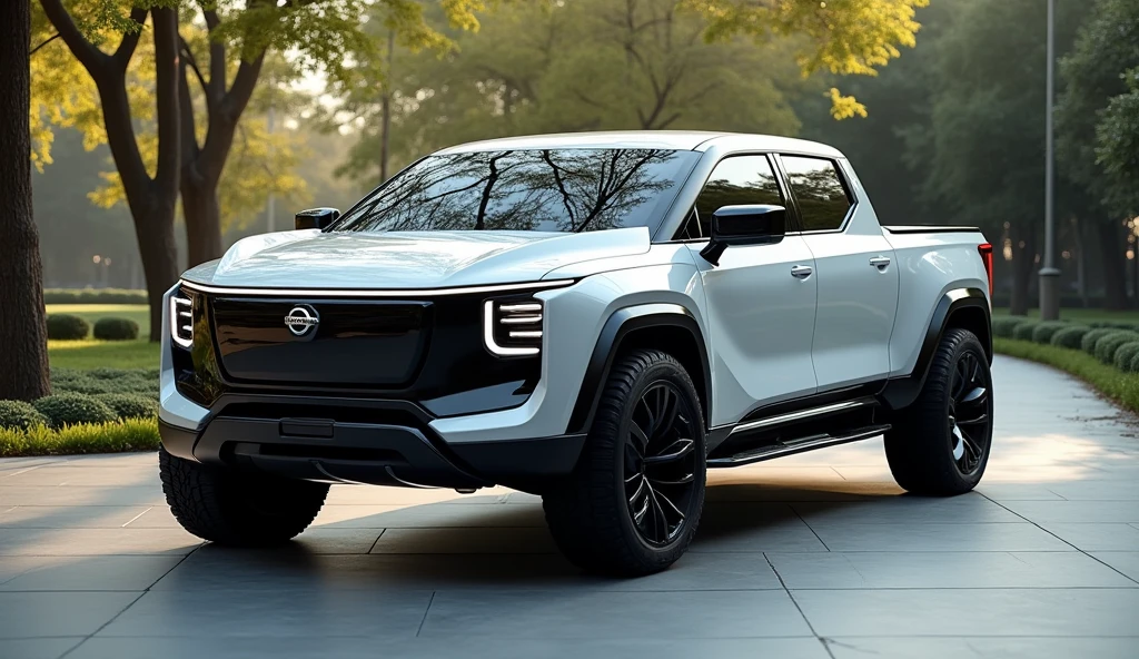 showroom park a ((nissan truck mixed with tesla)), with modern electric car design, double cabin, image luck like real and room note a luxury