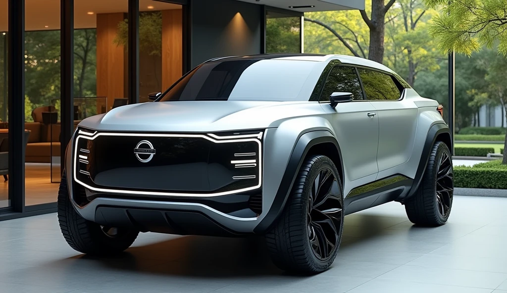 showroom park a ((nissan truck mixed with tesla)), with modern electric car design, double cabin, image luck like real and room note a luxury