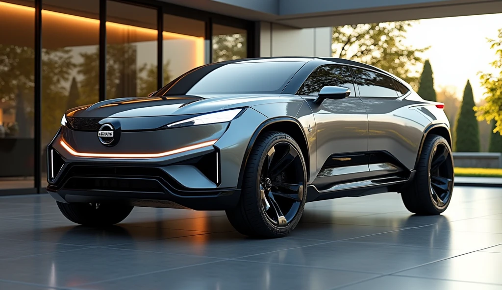 showroom park a ((nissan truck mixed with tesla)), with modern electric car design, double cabin, image luck like real and room note a luxury