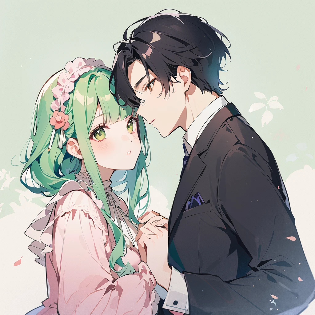 A green-haired girl with a lolita dress and a black-haired boy with a black suit holding hands　Watercolor、pale colour、