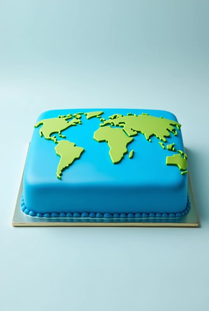 blue square cake representing a flat Earth with continents drawn in green