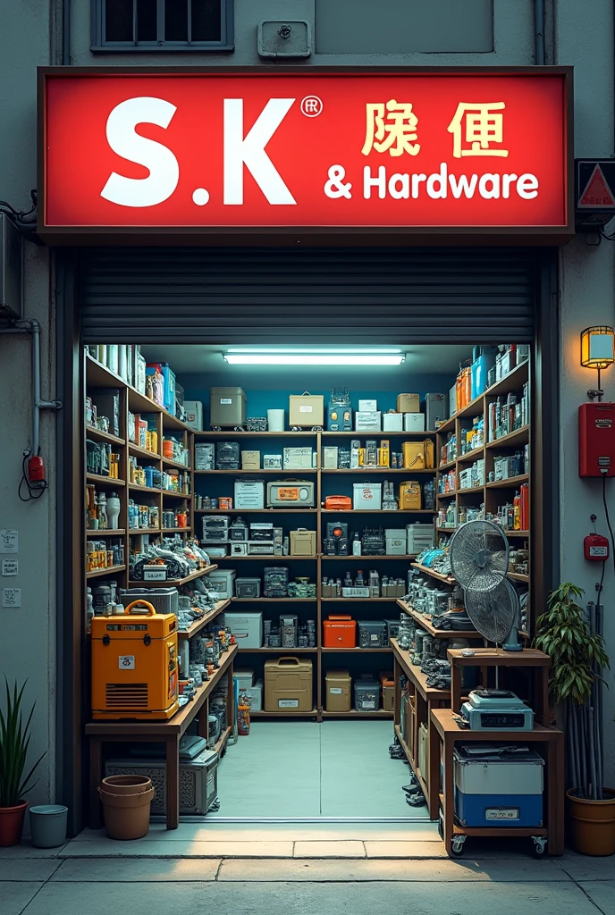 Electric Shop with boardname S.K Electric & Hardware Display with bulb fan motor blades and. Other electronic tools morden age looks 
Item add like garden Pipe 