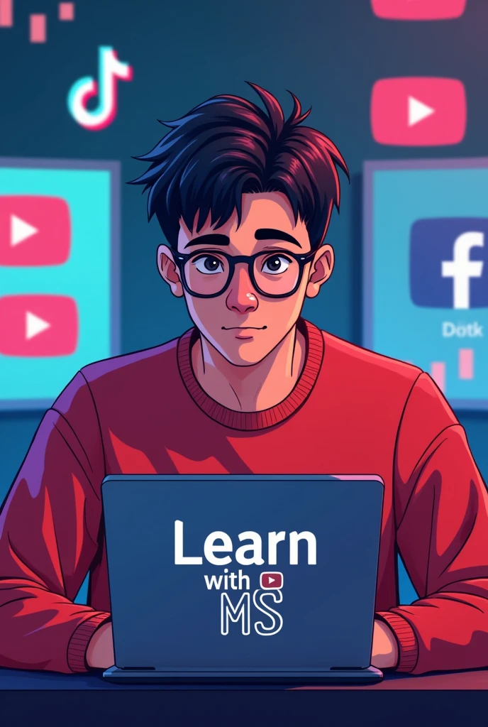 "A digital illustration of a 20-year-old young man with short hair, wearing glasses and a red sweater, sitting at a desk with a laptop facing forward. The young man is looking directly ahead with a focused expression. The background features a blend of colors to create a vibrant and modern look. It includes the logos of YouTube, TikTok, and Facebook scattered throughout. On the screen of the laptop, the text 'Learn with MS' is prominently displayed with a small YouTube logo next to it. The young man and the laptop are facing forward, creating a clear and engaging visual focused on 'Learn with MS' content."