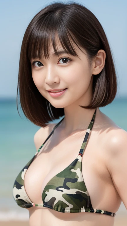 (masterpiece)、(Highest quality:1.5)、(Photorealistic:1.2)、(Surreal), (High resolution), (Realistic), (Post-processing),(Sharp focus), Sharp focus:1.2,Backlight, (Improvement of quality:1.4), (Narrow waist)、((Perfectly detailed five-fingered hands)),(Anatomically correct body)、((1 female:1.4))、Japanese、Realistic Skin、(Small chest:1.4)、Bust size is A cup、A pretty woman with a slender figure:1.4,(from the front:1.5), (Enhances the beauty of skin texture:1.1),No makeup、美しいBlack Hair、smile、Natural color lip、(Small Mouth:1.4)、The mouth is not open、Thick lips、(Oval Face)、Even bangs、Hide eyebrows with bangs、((3 woman))、Bob Hair、Hair blowing in the wind, (Black Hair, Iris, Watery eyes, Shining Eyes, Bob cut hair,), Hair behind the ear、No makeup、(Drooping eyes)、(((One lovely woman)),((優しい大きなsmile)),(( Small breasts,Small breastsの谷間)),((((Plump Cheeks)))),very cute,(Baby Face),Raccoon face, (((Micro Bikini, Camouflage Bikini))), (Beach Background)