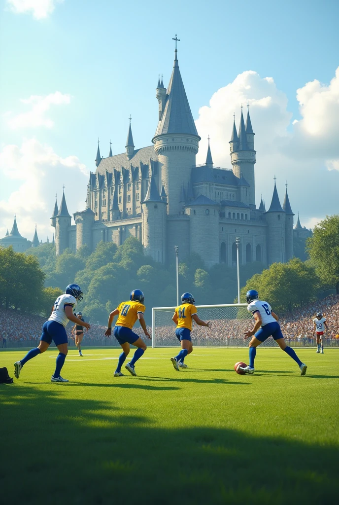 a square image. The picture must show a football field. The players on the football field wear yellow and blue jerseys. A castle should be visible in the background.
