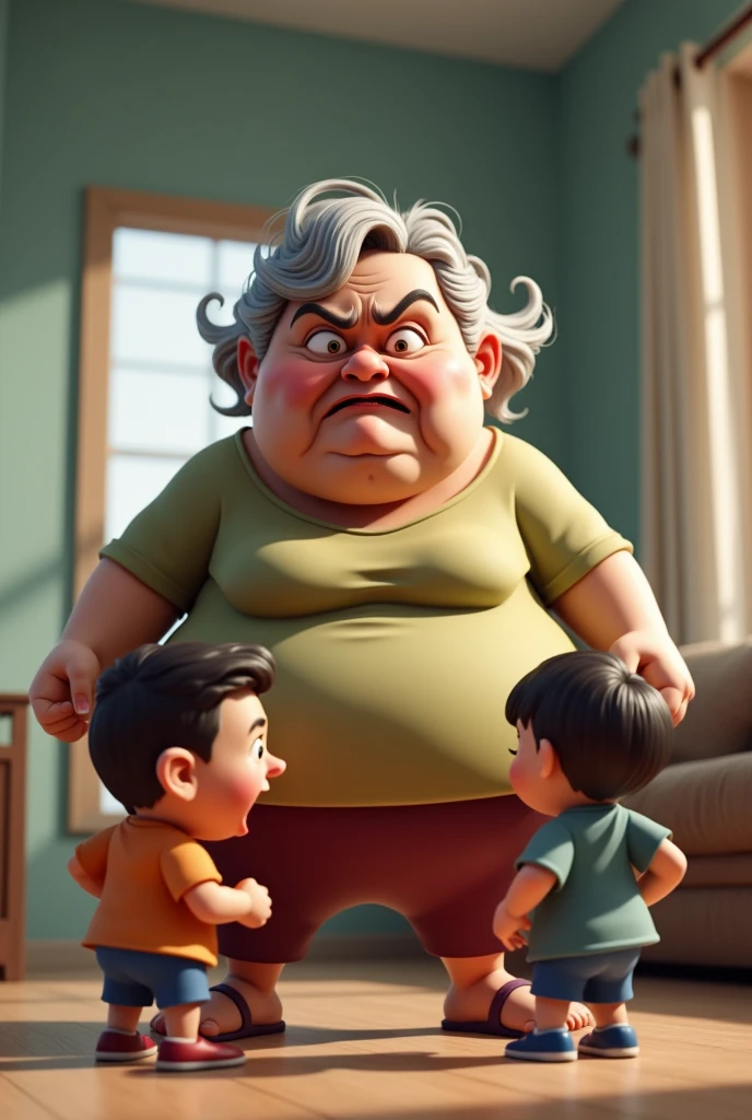 grumpy fat old woman, very angry to her two children, son and daughter, caricature, 3D
