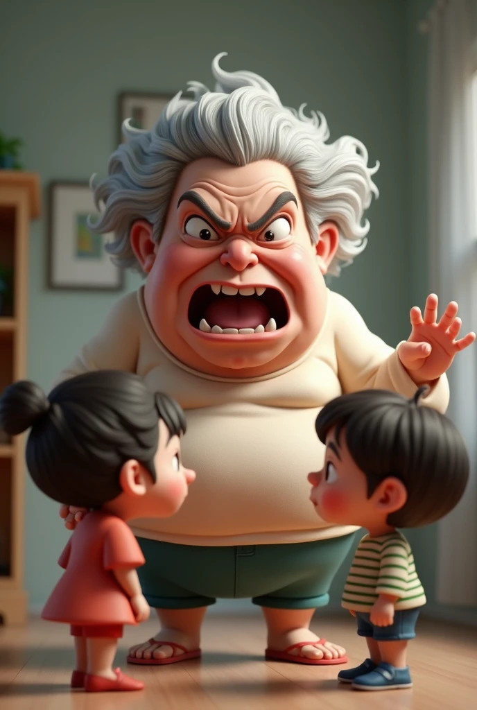 grumpy fat old woman, very angry to her two children, son and daughter, caricature, 3D