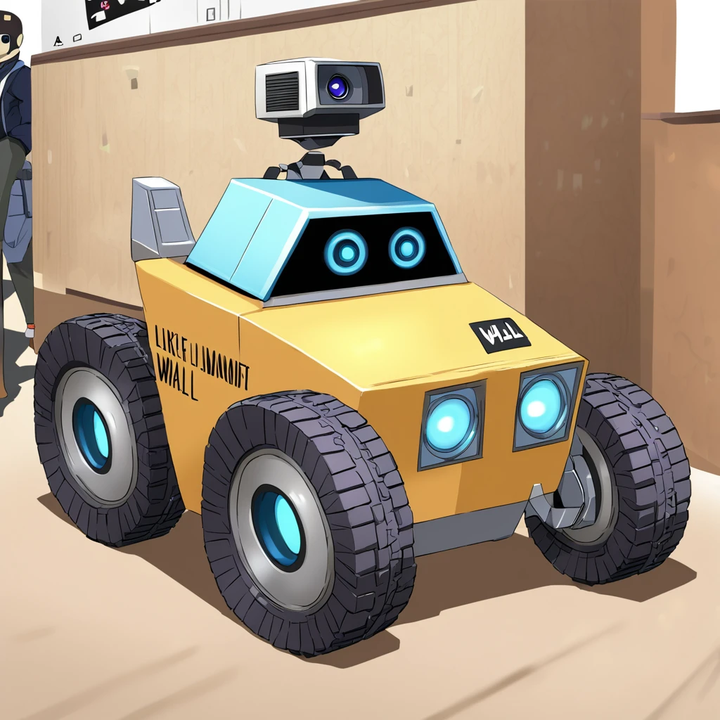 A robot car with wheels, holding a camera. A 3-dimensional robot, like the movie Wall-E.