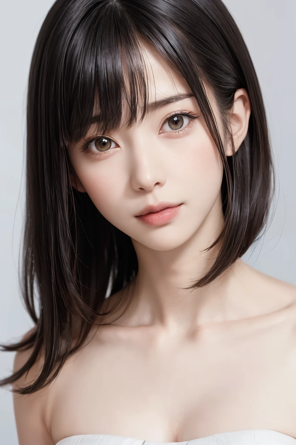 ((masterpiece, Highest quality, High resolution、Realisticですべてが美しく詳細に描かれている)), 1 person, (Realistic: 1.4), alone, White Background, snow-White Background, Mouth closed, smile, smile, Beautiful black hair, short hair, Big eyes, Transparent double eyelids, eyelash, Listen carefully, Long neck, 美しくLong neck, Absolute area, ((Face close-up)), (Draw the whole head, shoulder), 1, Attractive proportions, Glowing Skin, Beautiful clavicle, Golden ratio face, Perfect Face, Teardrop-shaped mole, chestのほくろ, bangs, clean bangs, beautiful bangs, Lip gloss, Thin lips, Fair skin, naked, Big Breasts, {Huge|big|Hugeな|Mega} chest:2, chestの谷間:2,chestの谷間を見せる、Small face, Small face, All the heads are painted, shoulder all drawn, Point slightly above the camera