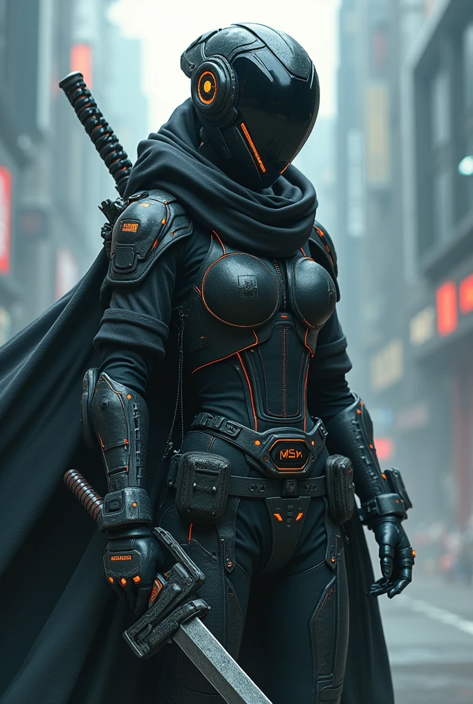 a fantastic realistic sci-fi image full of action and dynamism of a stunning powerful and enigmatic mecha with hitech led glowing dark helmet, which covers the entire face. In her left hand, she holds a large and intricate katana with neon noir light details, plasma pistol is hooked at her waist, tacthical Belts cross her thighs, and she wears a swag oversized worn long techwear jacket, frozen scarf moving with the wind provoke a slowmo fx, depth-field, photo cgi Masterpiece