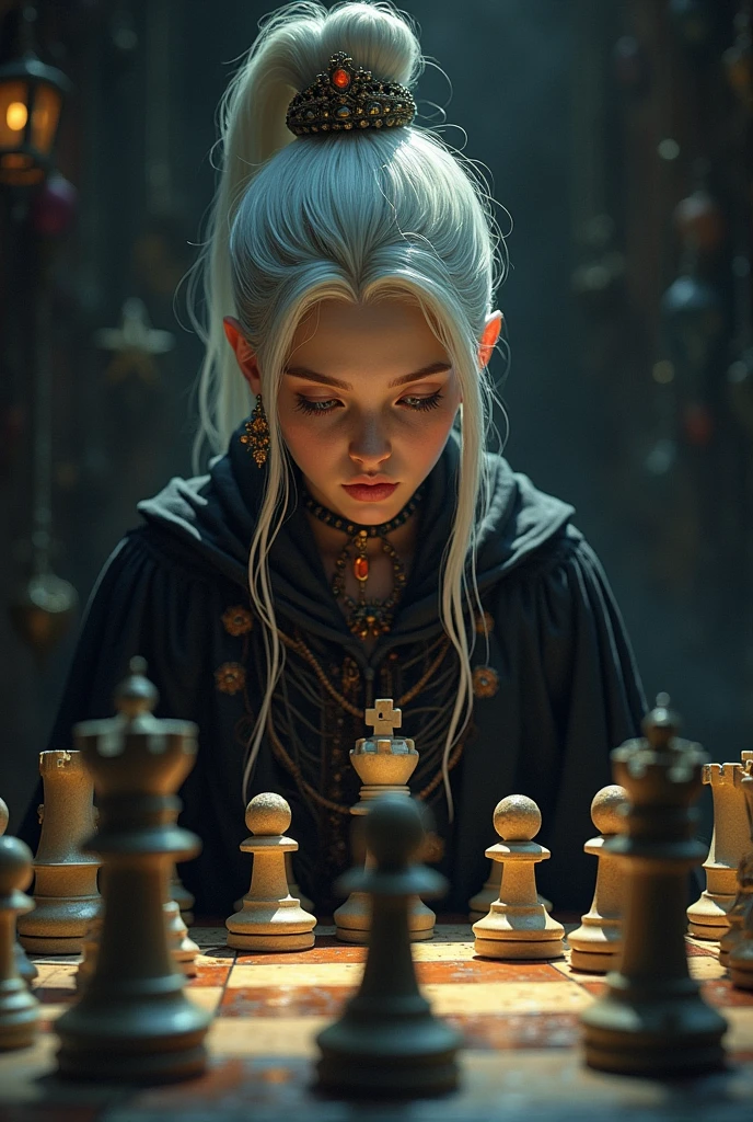 Griffon-themed chess、Precise and lustrous pieces、A pale young witch wearing many accessories、In the witch&#39;s dark room、Ultra-high definition drawing、Many sorcery items hang in the background