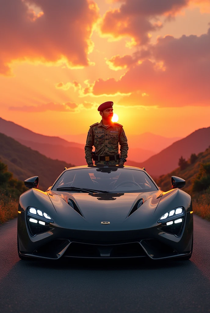 Indian army soldier behind super car in sun set 