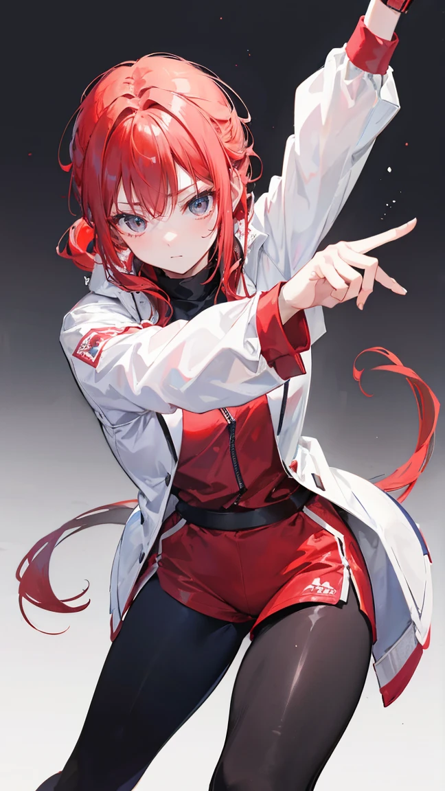 Solid color background，Red Hair，Double tail的发型（Double tail）（Two ponytails），Tight exercises，Yoga Pants，White coat，The coat slides down to the waist（PhD），Holding a writing tablet，2.5D style，The picture should be monotonous，For the audience，Only characters，Look at the audience，Expose肚脐，Waist，Absolute Domain，Bare arms，Expose，Color，Leaning against the wall