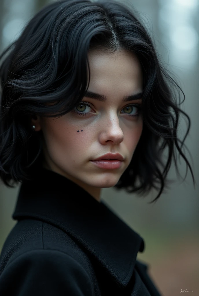 Young girl of 24 with black wavy hair , big and short, light skin with raven's powers and klaus' style from umbrella academy