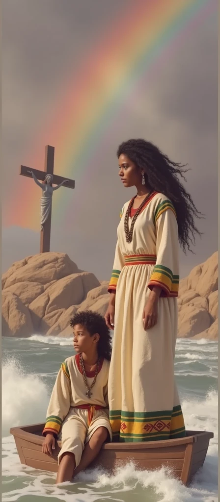 (photorealism:1.2), beautiful woman, standing on small ship on the red see with heavy storm, wearing an Ethiopian traditional woolen white dress, slightly dirty, having a strip of green, yellow and red colors at the bottom and top,long curly hair, outdoor , natural lighting, rocks in background, rain bow and an Angeles shown from far with tall cross, she and her son has cross necklace,
her son sitting next to her fearful, by Greg Rutkowski, by Alphonse Mucha