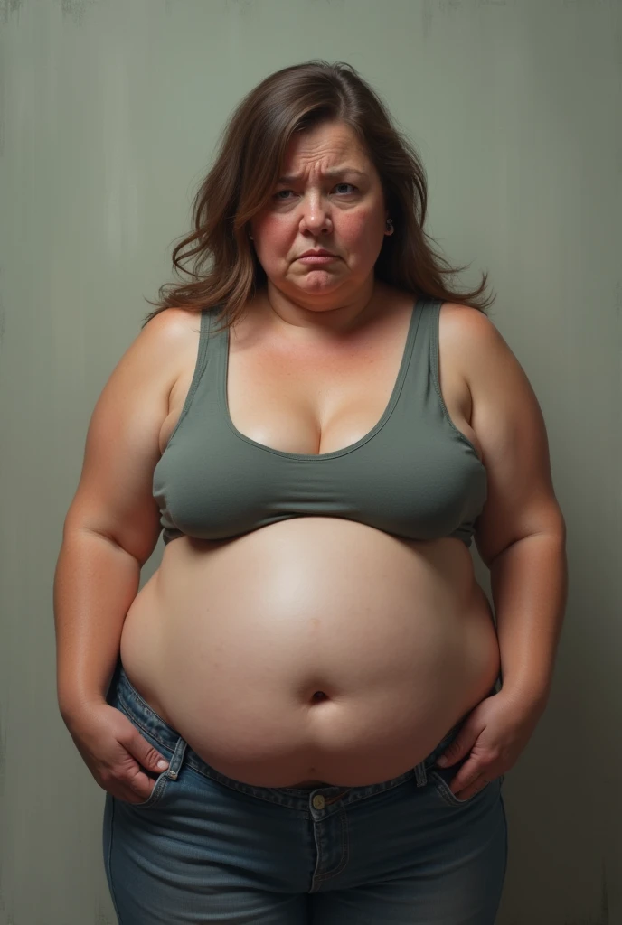 Sad women with large belly because of lots of fat anf improper diet