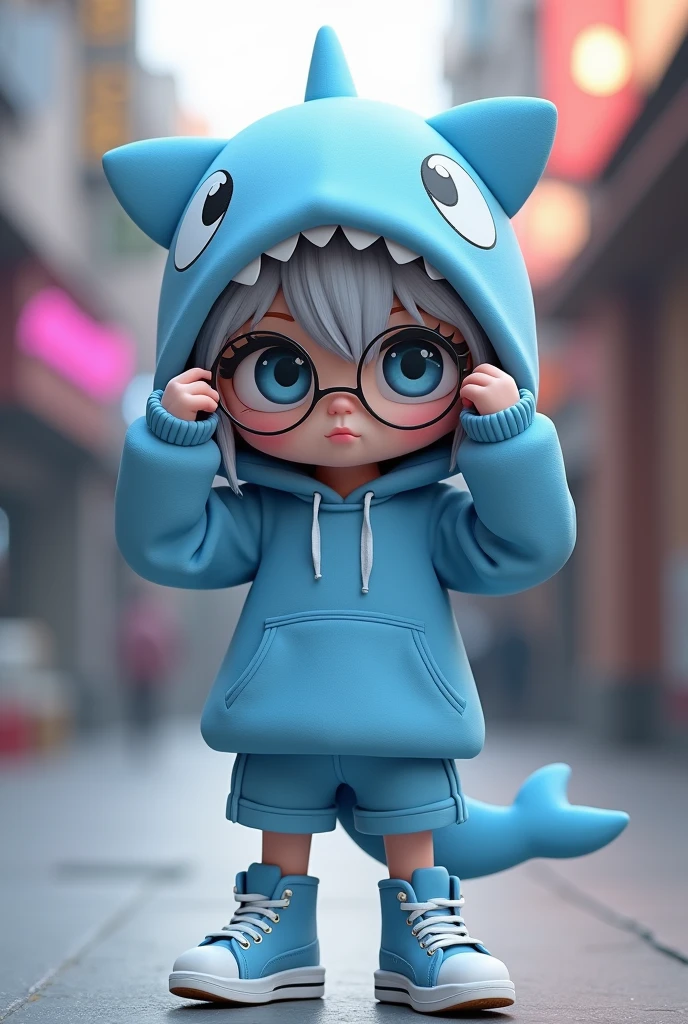 He wears an oversized light blue shark-themed hoodie with a hood shaped like a shark's head and a tail on the back.。Highly detailed 3D chibi character with silver colored hair。Charactersまた、She is wearing matching light blue shorts and high-top sneakers.、Cool and edgy。Cool and edgy雰囲気を醸し出しています。The character's facial expression is confident、Wearing round glasses。Characters、Hands on glasses。Style、Focus on streetwear aesthetics、It should be cute but a little rebellious.