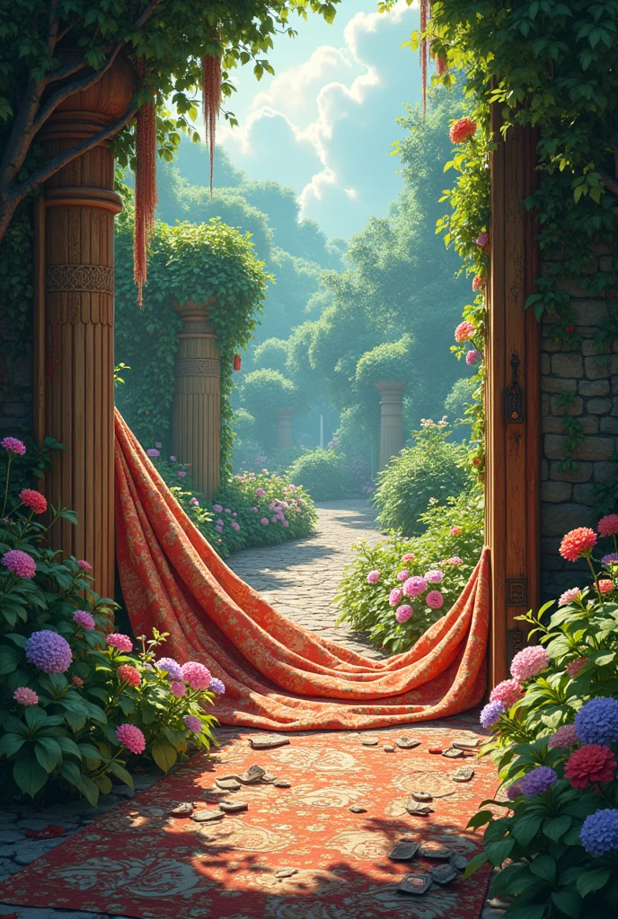 Tapestry piled on the garden garden without a lock in people's panic background anime fantasy animated