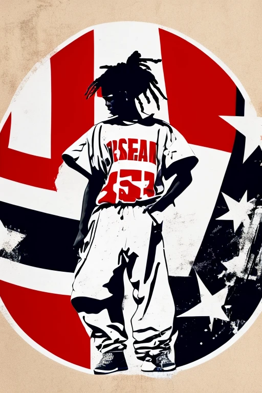 A background filled with Japanese flag in various sizes and colors、
Creative logo illustration of a silhouette with dreadlocks and red headphones,
Banksy、
A background completely filled with scattered musical notes in various sizes and colors, covering the entire screen.
singer、microphone、Japanese、
beautiful girl colorful image
Dance hiphop Dance CREW Waacking Dance
Punking
black medium hair black medium hair
Five fingers Baggy clothes Baggy clothes
HIPHOP crew、
the Japanese flag, background,patriotic,minimal,simple,bold colors,graphic,flat design,clean