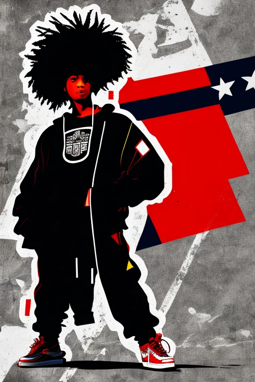 A background filled with Japanese flag in various sizes and colors、

Creative logo illustration of a silhouette with dreadlocks and red headphones, 
Banksy、
A background completely filled with tered musical notes in various sizes and colors, covering the entire screen.
singer、microphone、Japanese、

beautiful girl colorful image

Dance hiphop Dance CREW  Waacking Dance

Punking 

black medium hair black medium hair 

Five fingers Baggy clothes Baggy clothes
HIPHOP crew、

the Japanese flag, background,patriotic,minimal,simple,bold colors,graphic,flat design,clean
