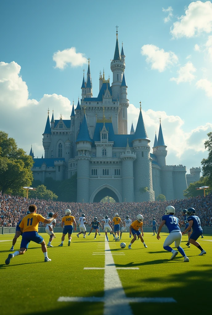 a square image. The picture must show a football field. The players on the football field wear yellow and blue jerseys. A castle should be visible in the background.