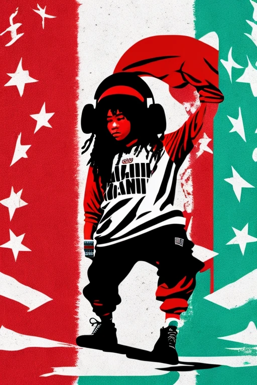 A background filled with Japanese flag in various sizes and colors、
Creative logo illustration of a silhouette with dreadlocks and red headphones,
Banksy、
A background completely filled with scattered musical notes in various sizes and colors, covering the entire screen.
singer、microphone、Japanese、
beautiful girl colorful image
Dance hiphop Dance CREW Waacking Dance
Punking
black medium hair black medium hair
Five fingers Baggy clothes Baggy clothes
HIPHOP crew、
the Japanese flag, background,patriotic,minimal,simple,bold colors,graphic,flat design,clean